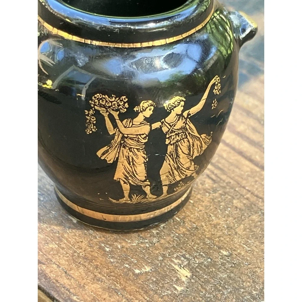 Mini Black Greek Vase Urn Gold Classical Scene Amphora Style Vintage 1.75